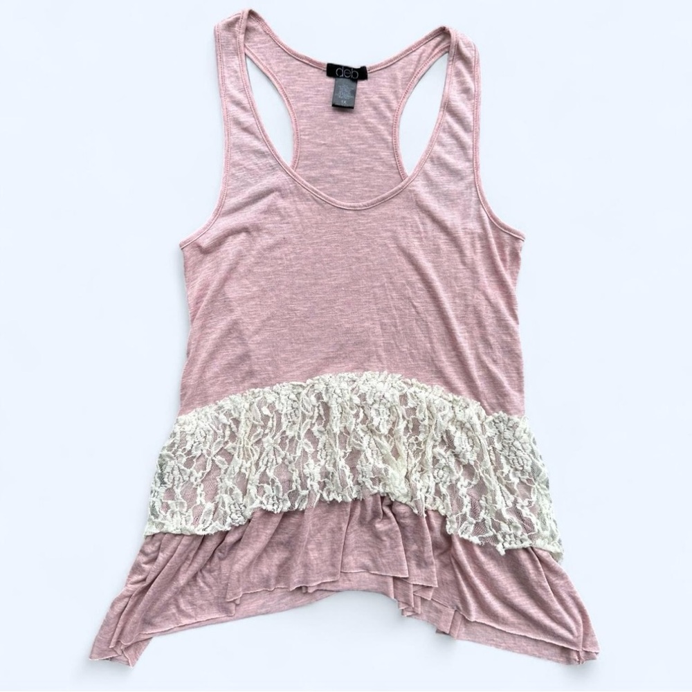 Deb Sharkbite Hem Sleeveless Racerback Lace Ruffle Accent Tank in Rose Size 1X